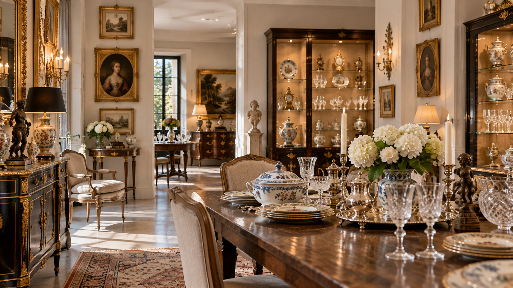 Intérieur de la boutique Cap d'Antic, argenterie et tableaux dans la lumière du matin