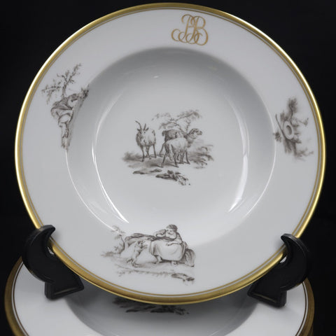 Bernardaud, Soup Plates, Pastoral Collection in Grisaille Limoges