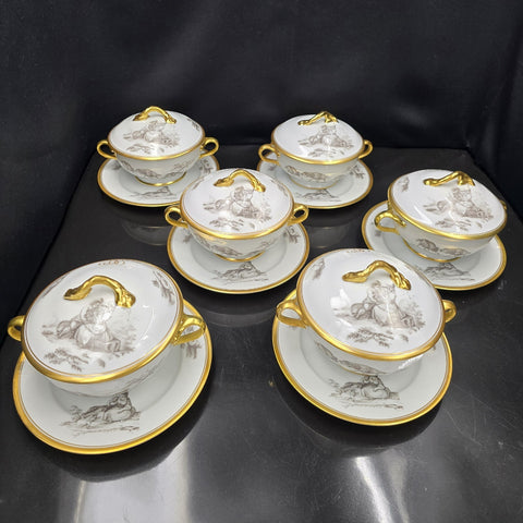 Bernardaud, Bouillon Bowls, Pastoral Collection in Grisaille Limoges