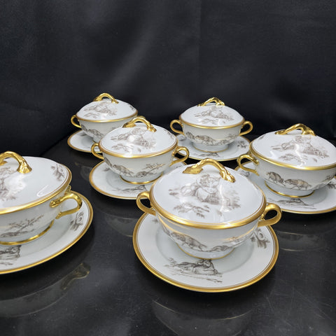 Bernardaud, Bouillon Bowls, Pastoral Collection in Grisaille Limoges