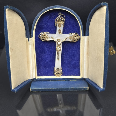 Mother of Pearl and Silver, Antique Cross Pendant